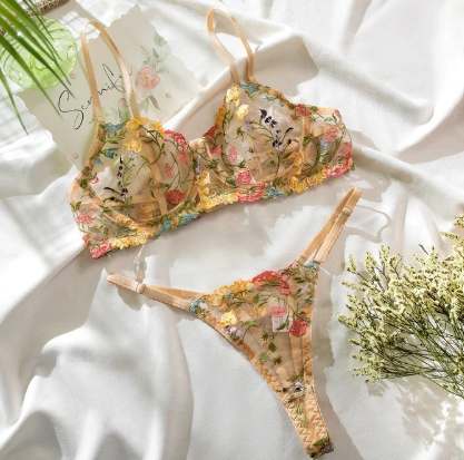Midnight Whisper Floral Embroidered Lingerie Set – Sheer Mesh Beige