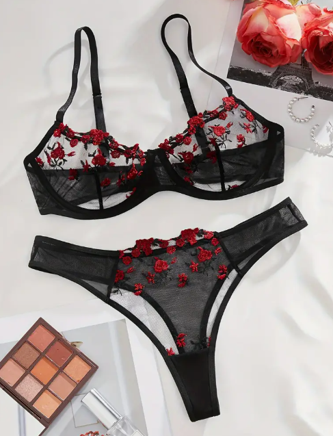 Black mesh lingerie set with red rose embroidery – underwired bra and matching thong by The Seventh Muse