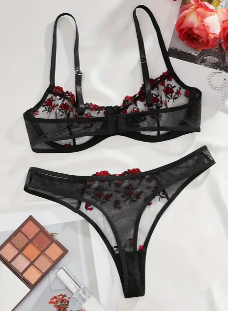 Black mesh lingerie set with red rose embroidery – underwired bra and matching thong by The Seventh Muse
