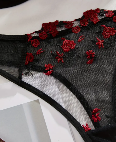 Close-up of sheer black lace panty with delicate red rose embroidery – romantic floral detailing by The Seventh Muse