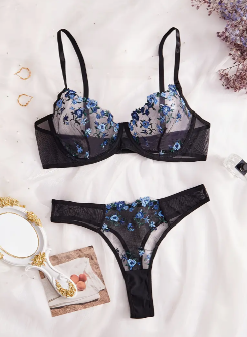 The Blush Spell Lace Lingerie Set | Semi-Sheer Embroidered Bra & Thong for Women Black Blue