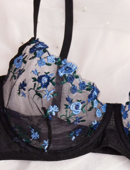 The Blush Spell Lace Lingerie Set | Semi-Sheer Embroidered Bra & Thong for Women Black Blue