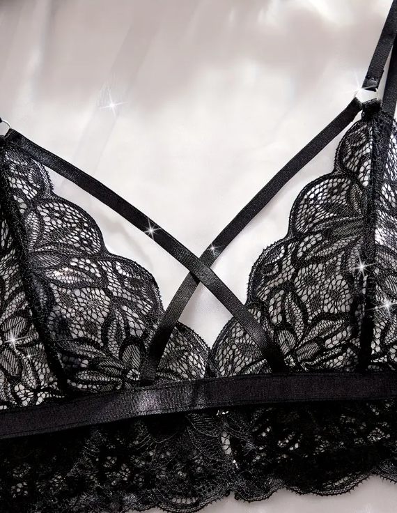 Black lace bra by The Seventh Muse on a white background