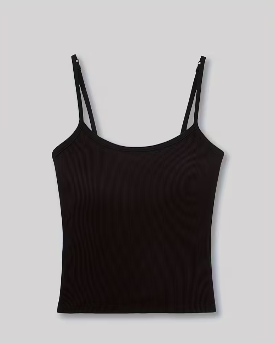Black ribbed cotton camisole for women with thin adjustable straps – soft, stretchable, and perfect for layering or everyday comfort from The Seventh Muse.