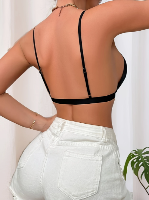 Black plunge bralette with mesh panels and front clasp – deep V non-wired bra by The Seventh Muse