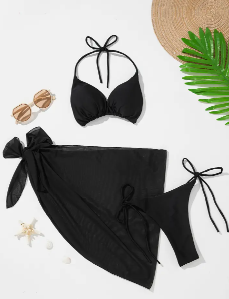 Black 3-Piece Bikini Set | Halter Tie Triangle Top, Backless Bikini with Cover-Up