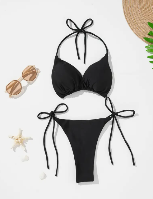 Black 3-Piece Bikini Set | Halter Tie Triangle Top, Backless Bikini with Cover-Up
