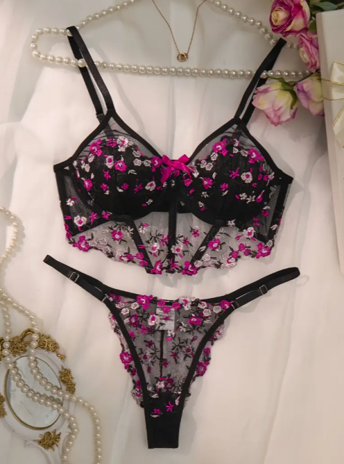Opulent Bloom Floral Embroidered Black Lingerie Set - Sheer Mesh Bra & Low-Rise Thong