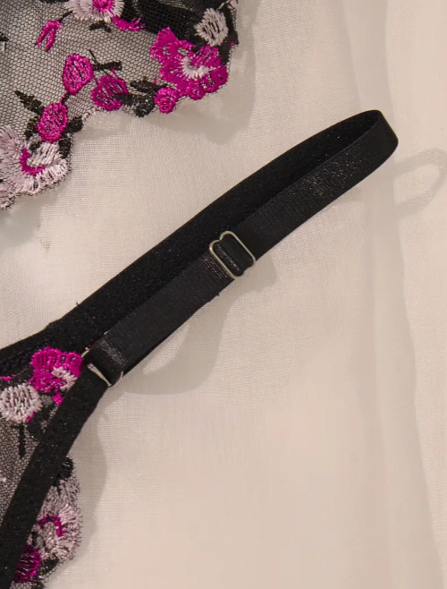 Opulent Bloom Floral Embroidered Black Lingerie Set - Sheer Mesh Bra & Low-Rise Thong