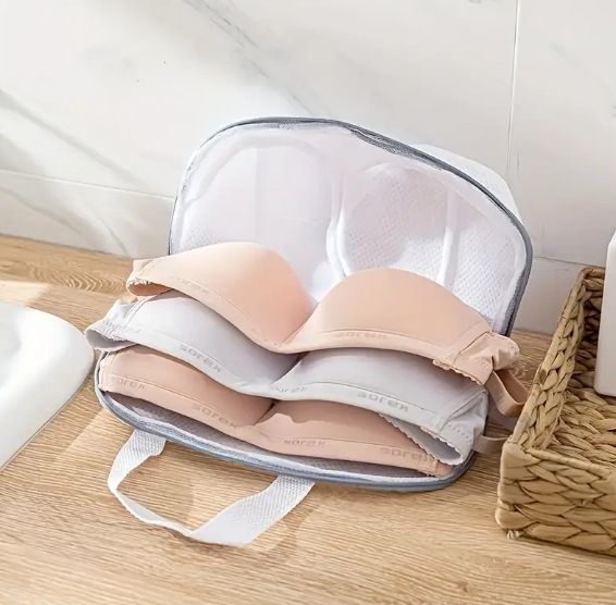 White mesh lingerie wash bags designed with a sturdy structure to protect padded and underwire bras during machine washing.