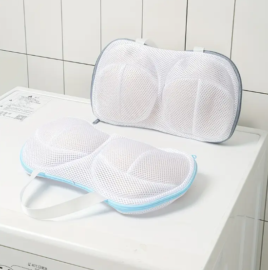 White mesh lingerie wash bags designed with a sturdy structure to protect padded and underwire bras during machine washing.