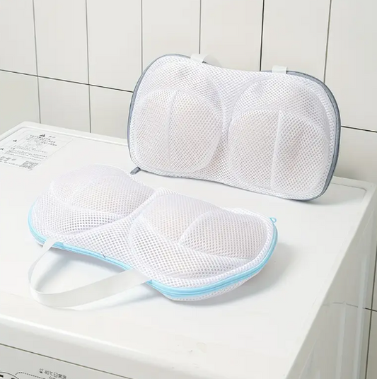 White mesh lingerie wash bags designed with a sturdy structure to protect padded and underwire bras during machine washing.