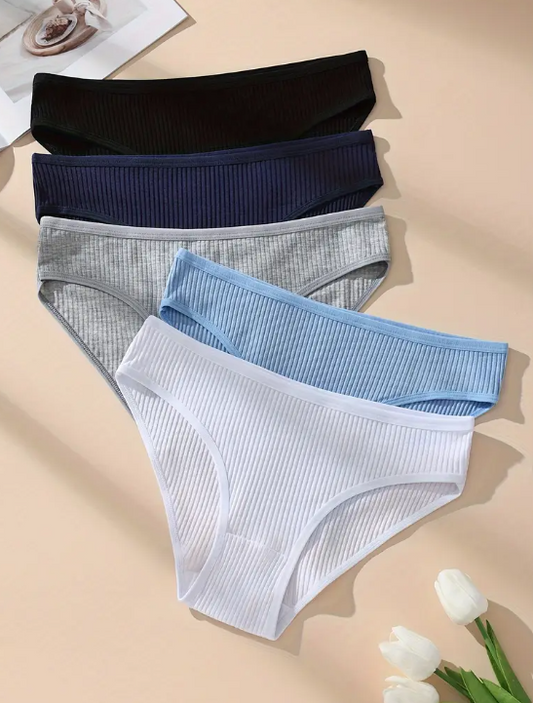 5-Pack Solid Ribbed Low Waist Briefs for Women – Soft, Comfortable Cotton Blend Underwear