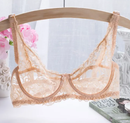A beige sheer lace underwire bra displayed on a wooden hanger, with floral lace detailing and adjustable straps.