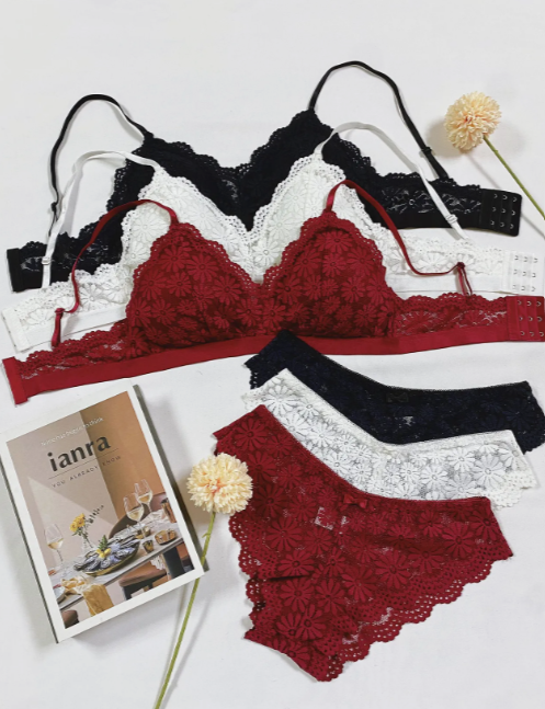 Set of floral lace bralette and matching panties in maroon, white, and black – stylish padded intimate wear by The Seventh Muse