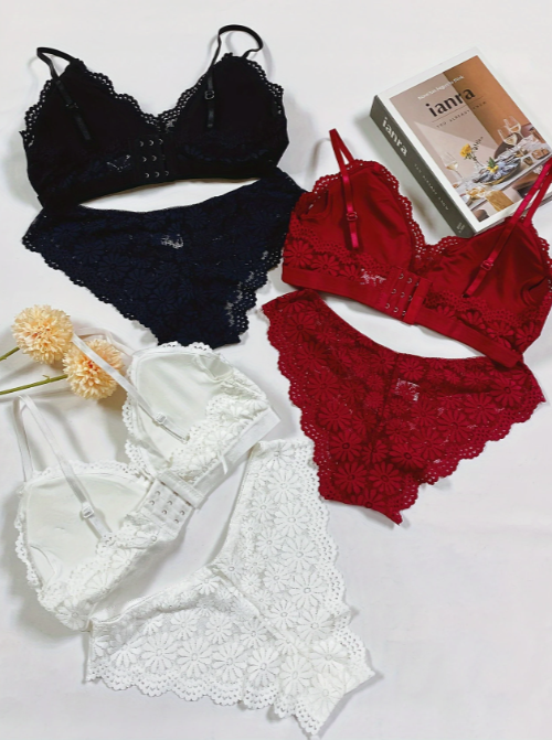 Set of floral lace bralette and matching panties in maroon, white, and black – stylish padded intimate wear by The Seventh Muse