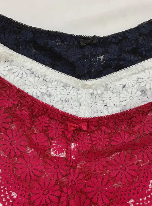 Close up of The floral lace panties in maroon, white, and black – stylish padded intimate wear by The Seventh Muse