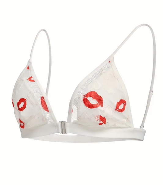 Muse of Mischief – Lip Print Mesh Plunge Bra