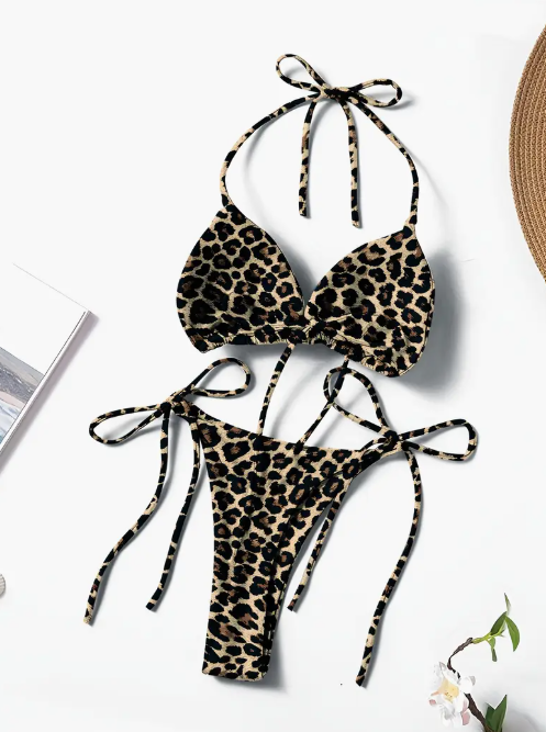 Leopard Print V-Neck Bikini Set | Lace-Up Tie Bottom | High-Stretch Swimwear