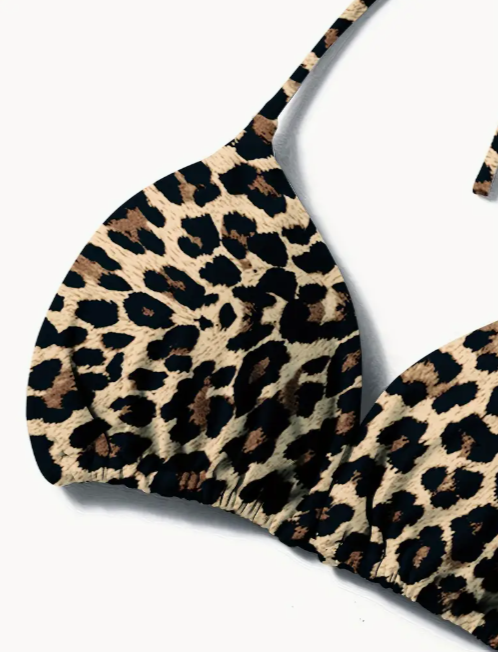 Leopard Print V-Neck Bikini Set | Lace-Up Tie Bottom | High-Stretch Swimwear