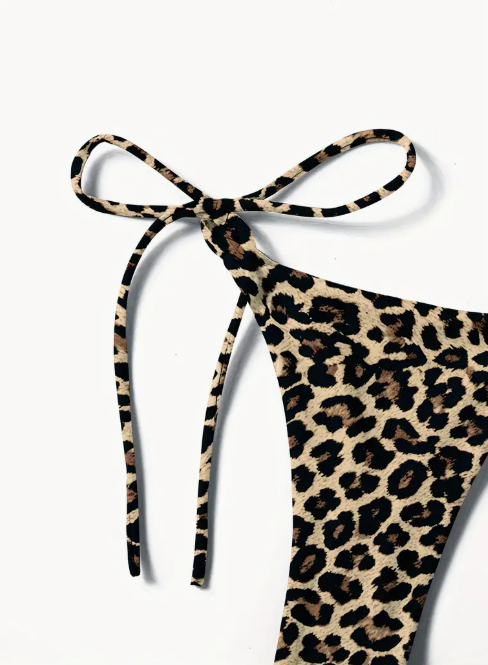 Leopard Print V-Neck Bikini Set | Lace-Up Tie Bottom | High-Stretch Swimwear