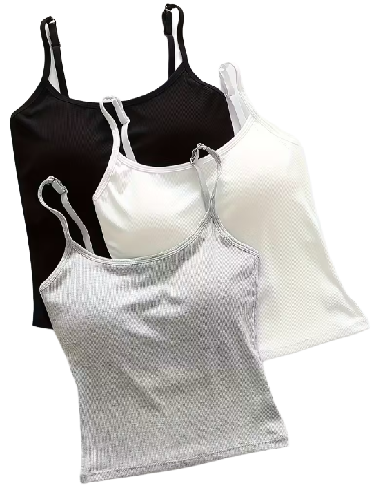 Set of black, white, and gray camisoles on a white background