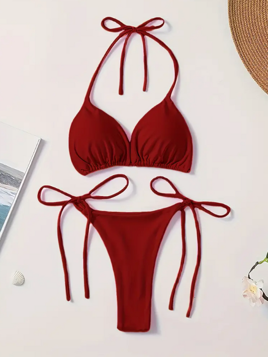 Sunset Silhouettes Solid Color Halter Neck One-Piece Swimsuit