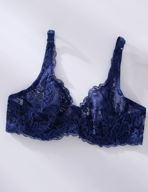 Midnight blue lace underwired bra with full coverage and scalloped edges – elegant floral lingerie by The Seventh Muse