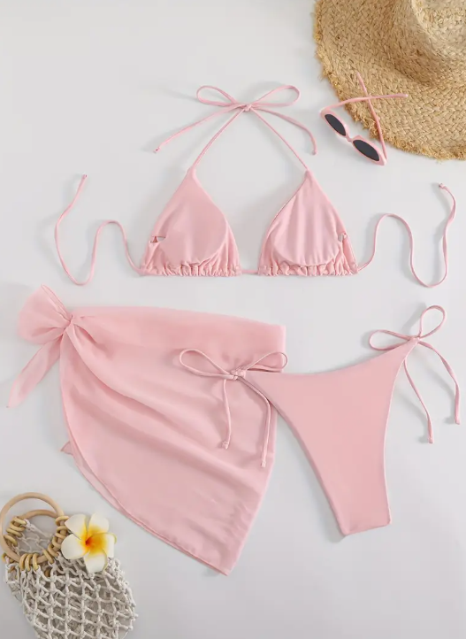 Pastel Pink 3-Piece Bikini Set for Women | Halter Tie Triangle Top, Backless Bikini with Cover-Up | High Stretch Swimwear