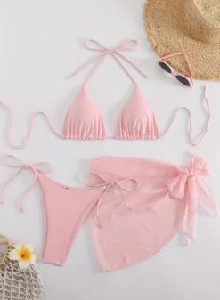 Pastel Pink 3-Piece Bikini Set for Women | Halter Tie Triangle Top, Backless Bikini with Cover-Up | High Stretch Swimwear