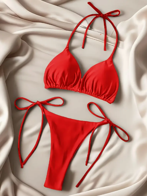 Solstice Glow Solid Two-Piece Bikini Swimwear for Women Red