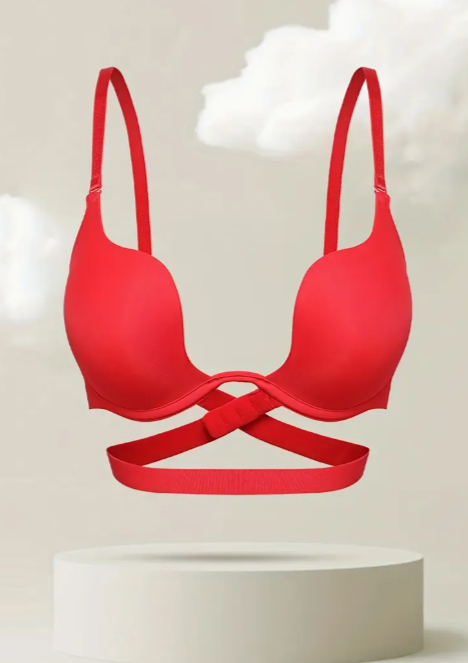 Radiant Rouge U-Plunge Bra – Elegant Underwire Support with Backless Cross-Strap Design