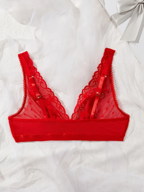 Red bra by The Seventh Muse with lace details on a white background