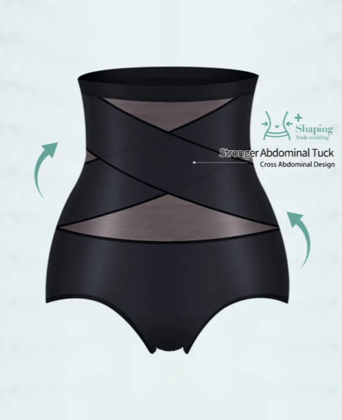 Black control brief featuring a high waist, sheer mesh construction, and X-band panels for firm tummy smoothing and shaping.