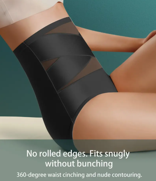 Black control brief featuring a high waist, sheer mesh construction, and X-band panels for firm tummy smoothing and shaping.