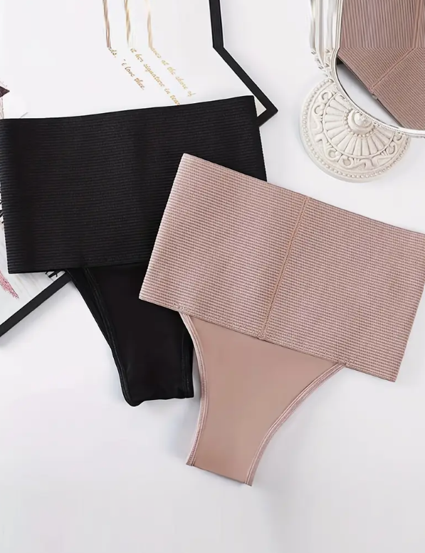 Seamless beige and  black shapewear panties with an extra-wide, stretchy ribbed high waistband for tummy control.