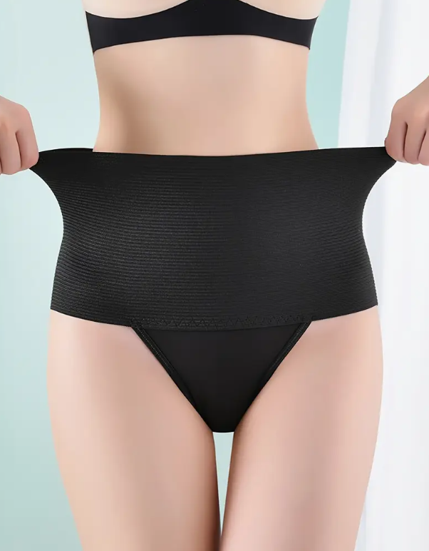 Close-up of seamless, skin-toned panties with an extra-wide, stretchy ribbed high waistband for tummy control.
