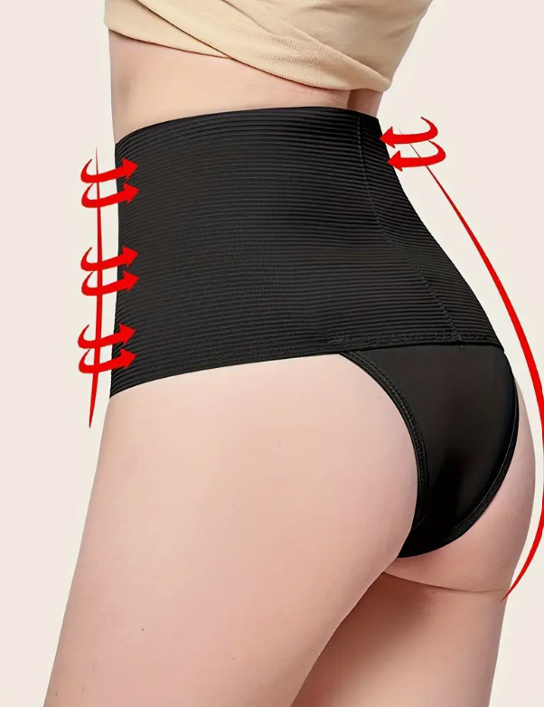 Close-up of seamless, black shapewear panties with an extra-wide, stretchy ribbed high waistband for tummy control.