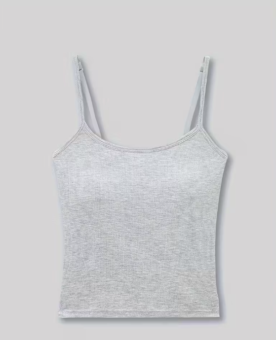 Light grey ribbed cotton camisole for women with thin adjustable straps – soft, stretchable, and perfect for layering or everyday comfort from The Seventh Muse.