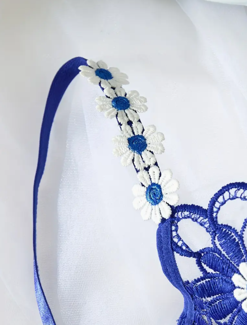A two-piece royal blue and white lingerie set featuring intricate daisy floral embroidery, including a sheer mesh underwire bra and a matching sheer thong.