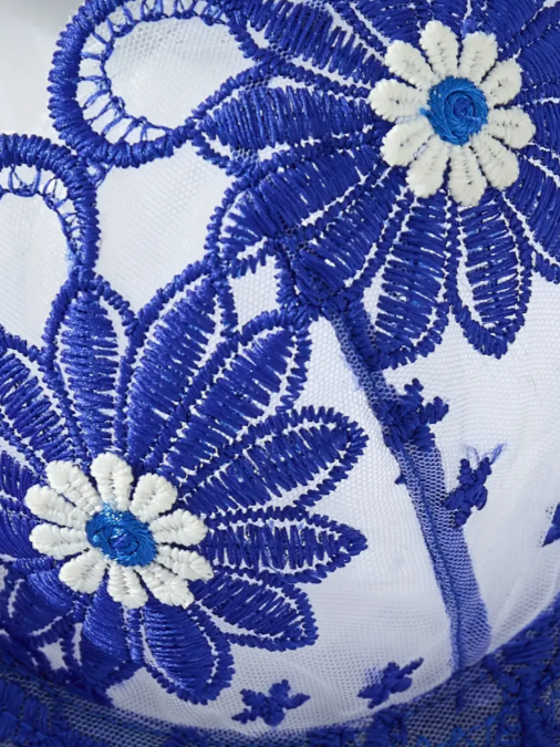 A two-piece royal blue and white lingerie set featuring intricate daisy floral embroidery, including a sheer mesh underwire bra and a matching sheer thong.