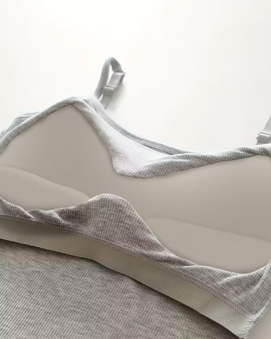 Light grey ribbed cotton camisole for women with thin adjustable straps – soft, stretchable, and perfect for layering or everyday comfort from The Seventh Muse.