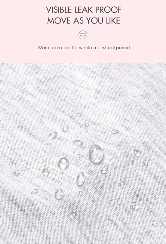 Text on a textured surface with water droplets, promoting leak-proof products for menstrual care.
