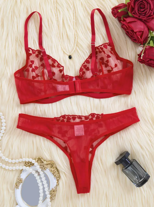 Midnight Desire Lingerie Set – Ultra-Thin Bra & Panties, Semi-Sheer Intimates with Heart Details