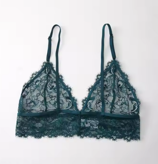 Green lace bra on a white background