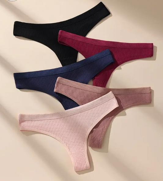 5 pcs-Pack Sexy Cotton Thongs for Women - Low Rise T-Back V-String Panties, Seamless Ribbed Knit Underwear