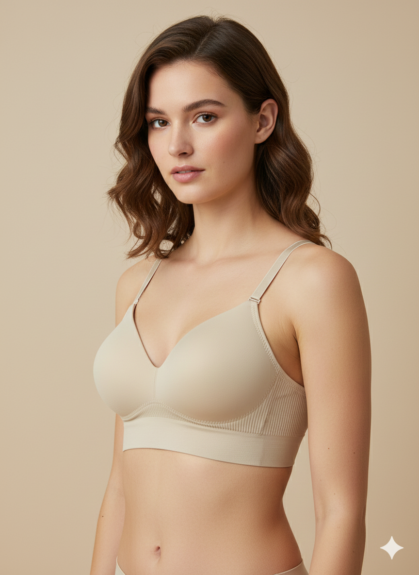Woman wearing a beige bra against a beige background