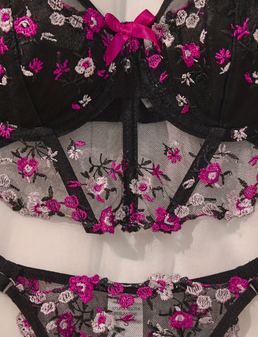 Opulent Bloom Floral Embroidered Black Lingerie Set - Sheer Mesh Bra & Low-Rise Thong