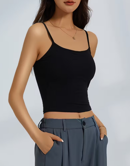 Black ribbed cotton camisole for women with thin adjustable straps – soft, stretchable, and perfect for layering or everyday comfort from The Seventh Muse.