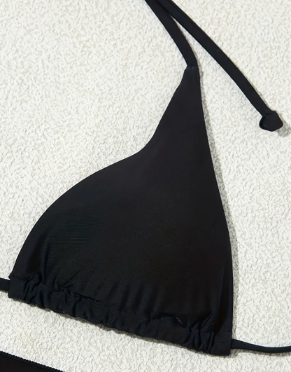 Black 3-Piece Bikini Set | Halter Tie Triangle Top, Backless Bikini with Cover-Up